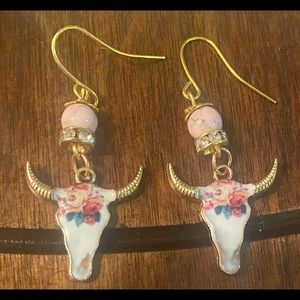 Longhorn Skull With Roses & Pink Turquoise Earrings